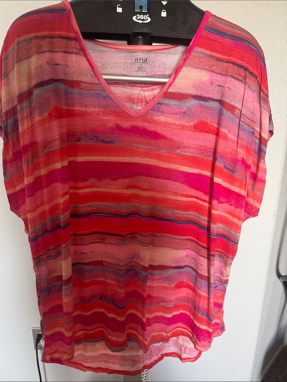 a.n.a V-Neck Short Sleeve Top in Pink and Red Stripe
